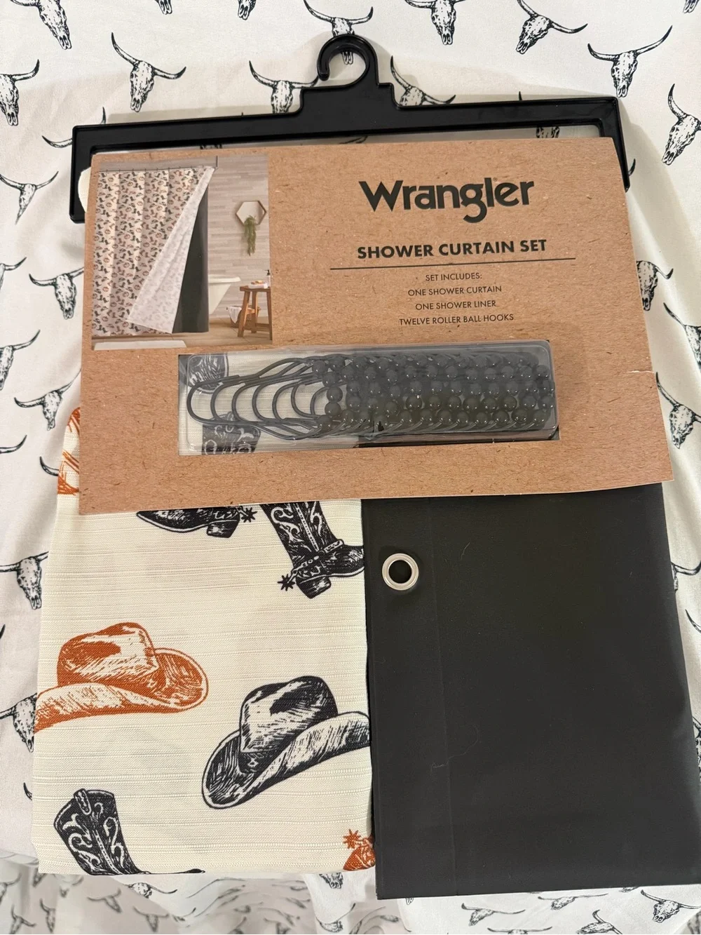 Wrangler Cowboy Hat Shower Curtain Set - Cream, Black & Orange
